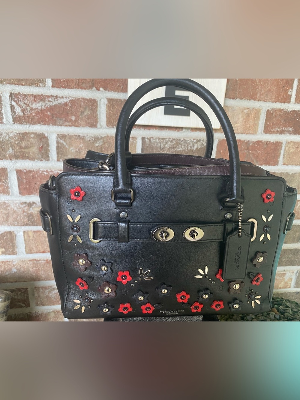 Coach Floral Appliqué Carryall 25 Satchel Black F59450 HTF